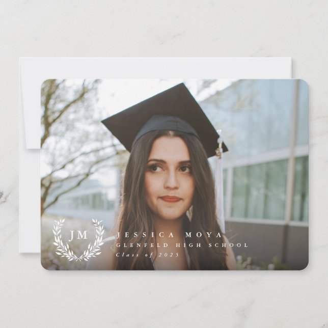 Classic Monogram/Laurel Wreath 2 Photo Graduation Announcement (Front)
