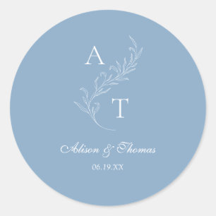 Classic Monogram Leaf Wedding Dusty Blue Envelope Classic Round Sticker