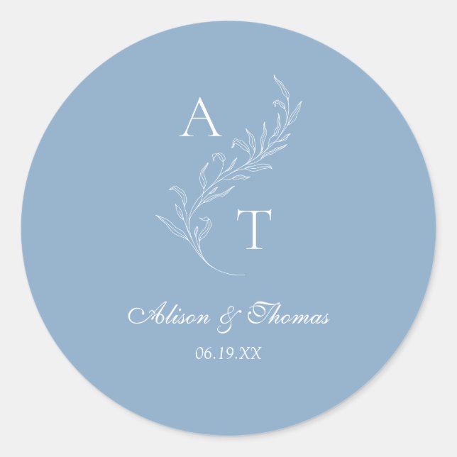 Classic Monogram Leaf Wedding Dusty Blue Envelope Classic Round Sticker (Front)