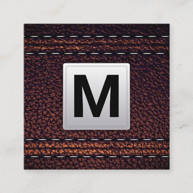 Classic Monogram | Leather Background Square Business Card (Front)