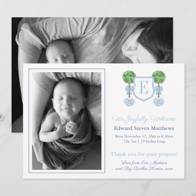Classic Monogram Light Blue Baby Boy Picture Birth Announcement (Front/Back)