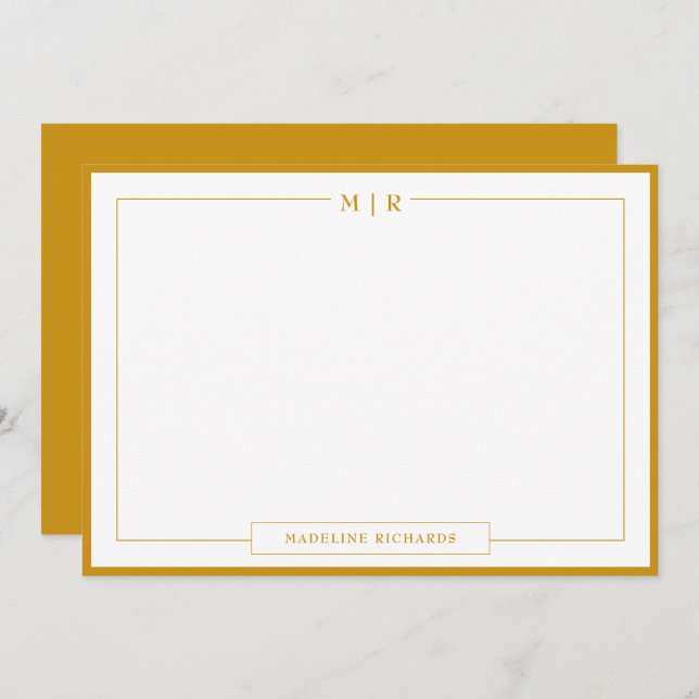 Classic Monogram Mustard Yellow Border Stationery Card (Front/Back)