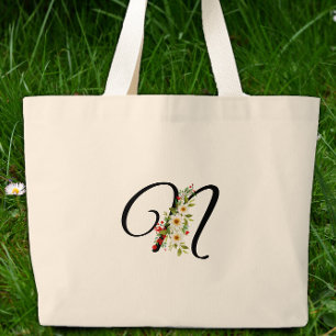Classic monogram N red white flower mother gift Large Tote Bag
