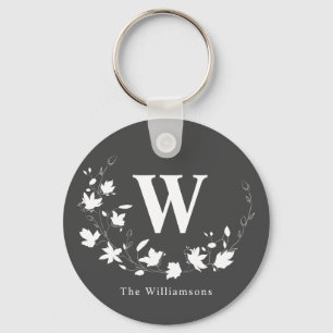 Classic Monogram Name Black White Floral Wreath  Key Ring