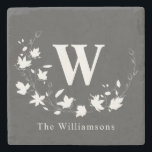 Classic Monogram Name Black White Floral Wreath    Stone Coaster<br><div class="desc">Personalised Classic Monogram Name Black White Floral Wreath Stone Coaster</div>