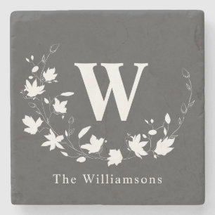 Classic Monogram Name Black White Floral Wreath    Stone Coaster