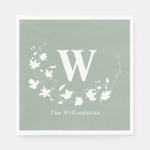 Classic Monogram Name Floral Wreath in Sage Green Napkin