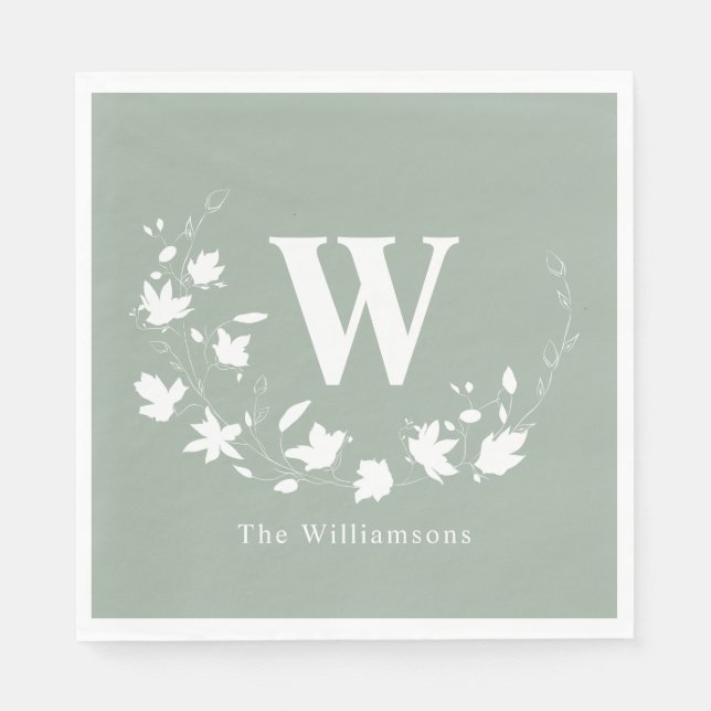 Classic Monogram Name Floral Wreath in Sage Green Napkin (Front)