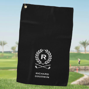 Classic Monogram Name Laurel Wreath Black Custom Golf Towel