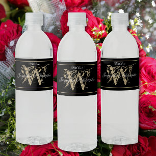 Classic Monogram Name Script B&W&G Chic Wedding Water Bottle Label