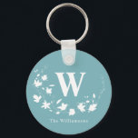 Classic Monogram Name Teal Floral Wreath Custom  Key Ring<br><div class="desc">This stylish keychain features your name and monogram along with a lovely floral wreath in teal green and white.</div>