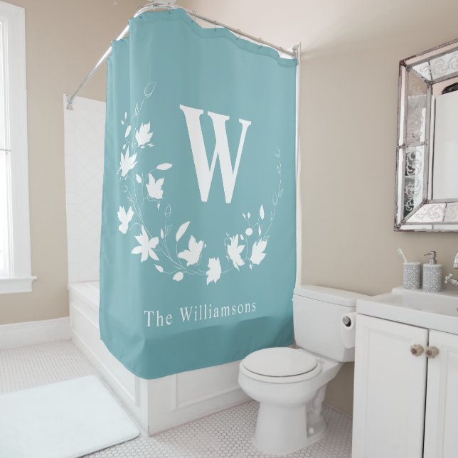 Classic Monogram Name Teal Floral Wreath Custom Shower Curtain (In Situ)