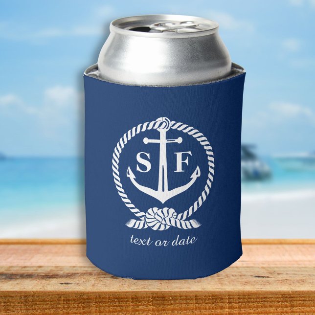 Classic Monogram Nautical Blue Anchor Beach Boat Can Cooler (Creator Uploaded)