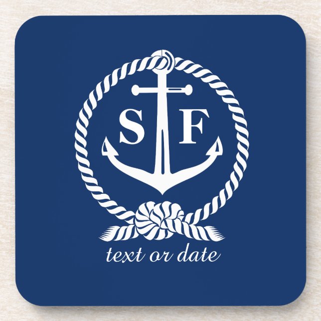 Classic Monogram Nautical Blue Anchor Beach Boat Coaster (Front)