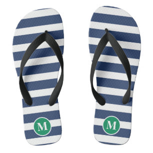 Classic Monogram Navy Blue and Green Stripes Jandals