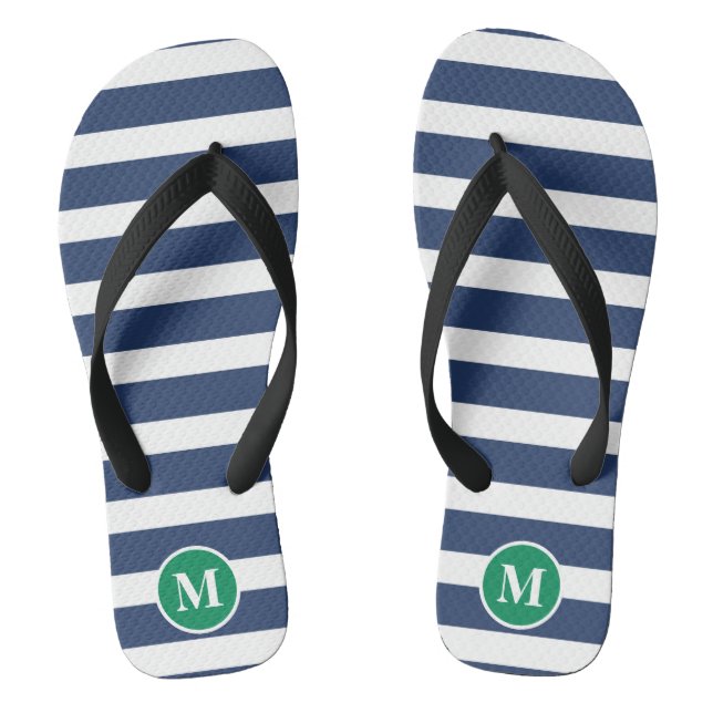 Classic Monogram Navy Blue and Green Stripes Jandals (Footbed)
