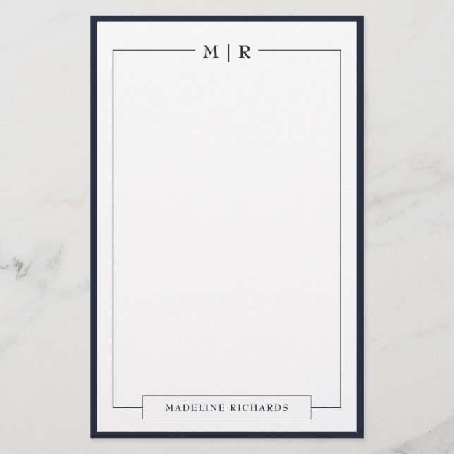Classic Monogram Navy Blue Border Stationery (Front)