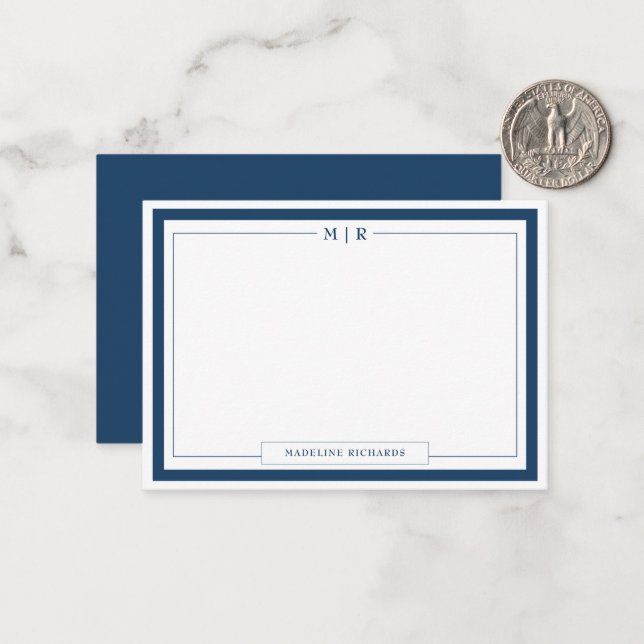 Classic Monogram Navy Blue Border Stationery Card (Front/Back In Situ)