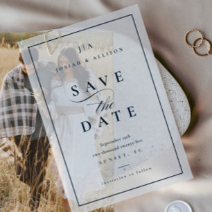 Classic Monogram Navy Blue Wedding Save the Date Vellum Invitations