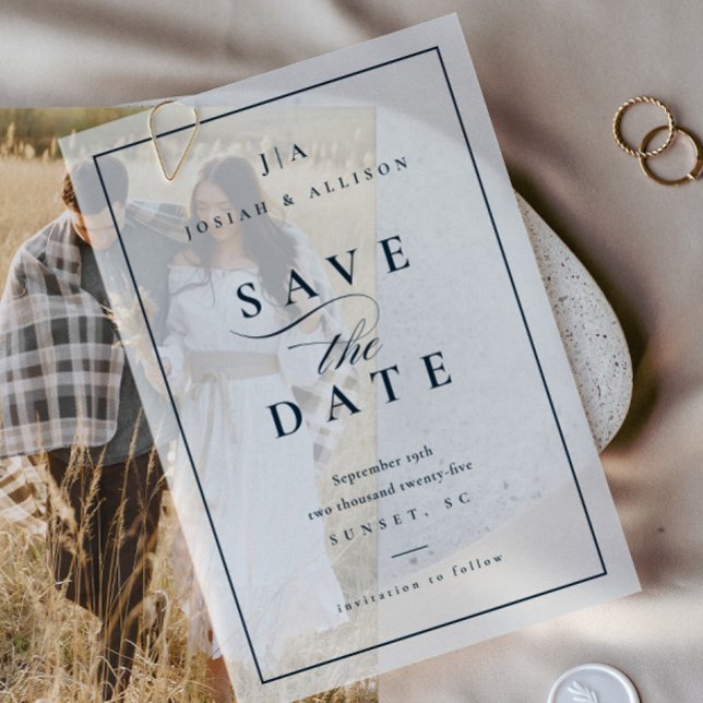 Classic Monogram Navy Blue Wedding Save the Date Vellum Invitations (Elegant Classic Monogram Wedding Save the Date Vellum Invitation. Pair with photo or use on its own.)