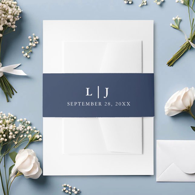 Classic Monogram Navy & White Wedding Invitation Belly Band (Navy and white monogram belly band with your initials adds classic elegance.)