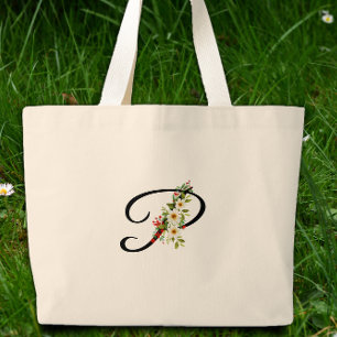 Classic monogram P red white flower mother gift  Large Tote Bag
