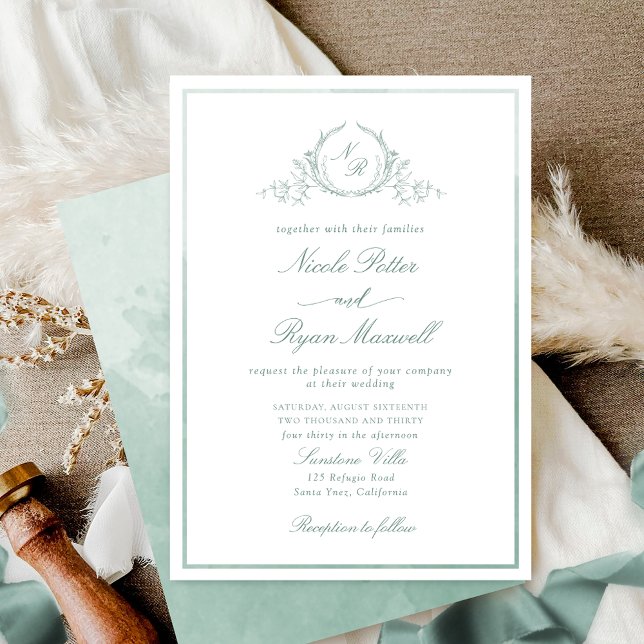 Classic Monogram Pale Green Watercolor Wedding Invitation (Creator Uploaded)