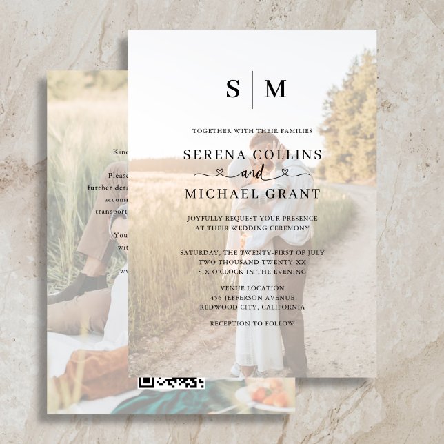 Classic Monogram Photo Heart Script Wedding Invitation (Creator Uploaded)