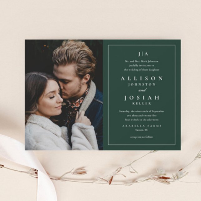 Classic monogram photo wedding invitation (Elegant Dark Green Photo Wedding Invitation.)