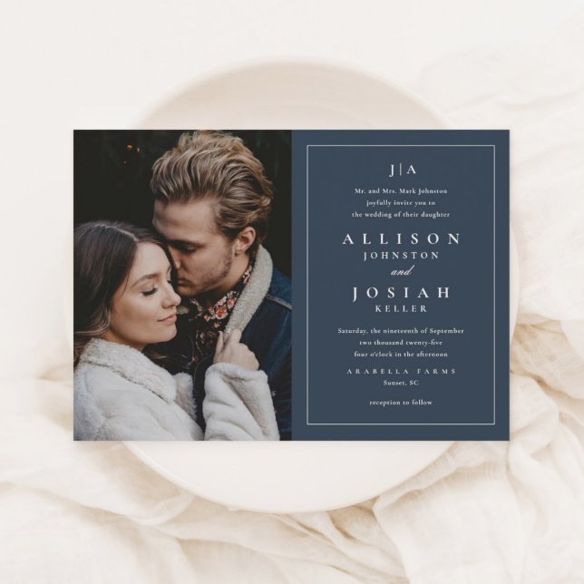 Classic monogram photo wedding invitation (An elegant navy blue photo wedding invitation with classic white typography and minimal frame.)