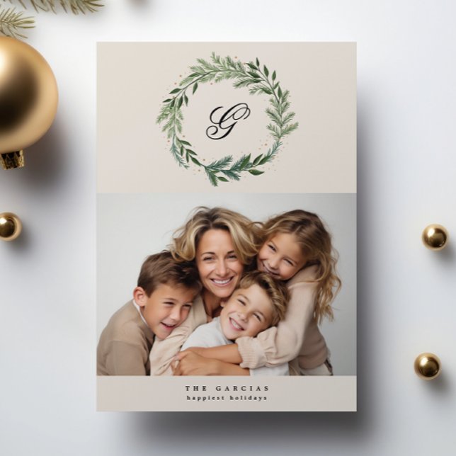 Classic Monogram Pine Wreath Christmas Photo Holiday Card (Creator Uploaded)