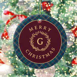 Classic Monogram Plaid Burgundy Christmas Photo Ceramic Tree Decoration