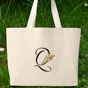 Classic monogram Q red white flower mother gift  Large Tote Bag