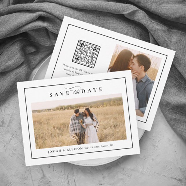 Classic Monogram QR Code 2 Photo Wedding Save The Date (Elegant black and white 2 photo wedding save the date with QR code.)