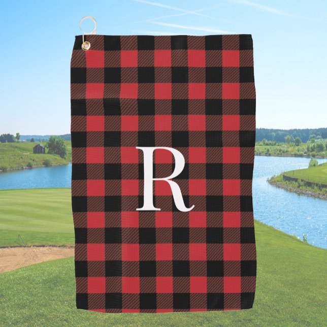 Classic monogram red buffalo plaid gift for dad golf towel (Creator Uploaded)