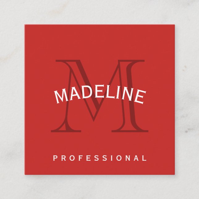 Classic Monogram Red with Arc Text Square Business Card (Front)
