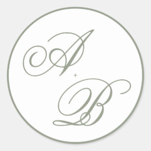Classic Monogram Sage Green Script Border Wedding Round Sticker