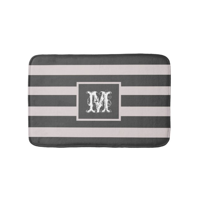 Classic Monogram Simple Gray & Black Stripes  Bath Mat (Front)