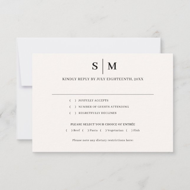 Classic Monogram Simple White Ivory Wedding RSVP Card (Front)