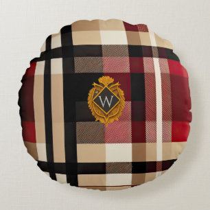 Classic Monogram Stylish Plaid Beige Red & Black Round Cushion