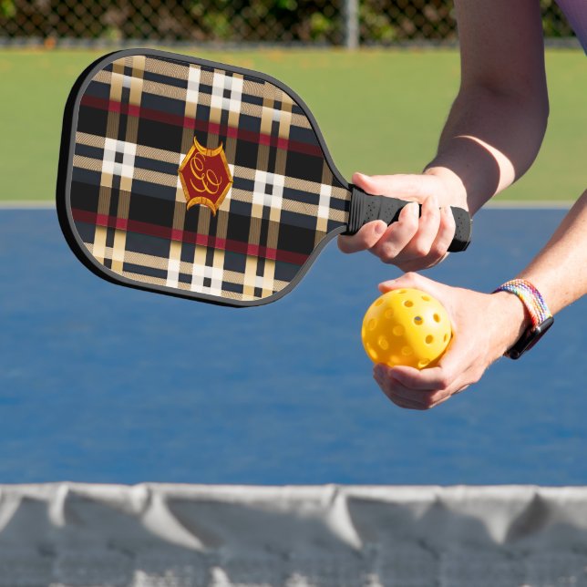 Classic Monogram Stylish Plaid Black Red & Beige Pickleball Paddle (Insitu)