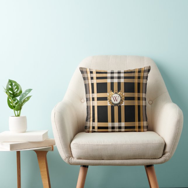 Classic Monogram Stylish Plaid Grey, Black & Beige Cushion (Chair)
