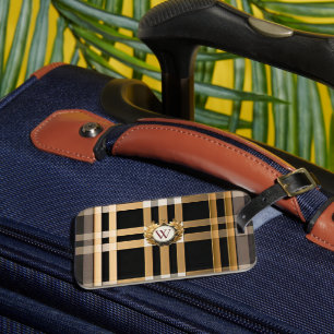Classic Monogram Stylish Plaid Grey, Black & Beige Luggage Tag