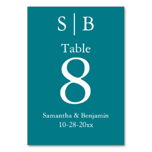 Classic Monogram Teal Wedding Table Number