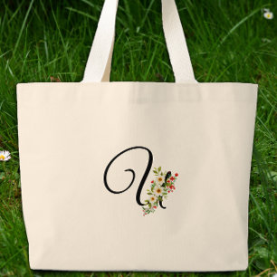 Classic monogram U red white flower mother gift Large Tote Bag