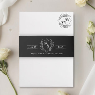 Classic monogram vintage crest wreath black invitation belly band