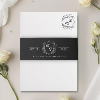 Classic monogram vintage crest wreath black invitation belly band