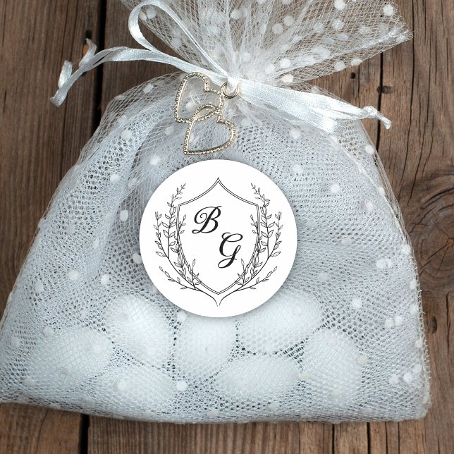 Classic monogram wedding crest black and white round sticker (Creator Uploaded)