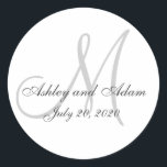 Classic Monogram Wedding Favour Sticker<br><div class="desc">Elegant Wedding Favour Sticker with Grey Monogram Initial and Bride and Groom Names in black script font on a white background. Elke Clarke © Other colours and styles available at www.zazzle.com/monogramgallery. Perfect for wedding favours,  or Wedding invitation envelope seals. Fully Customisable.</div>