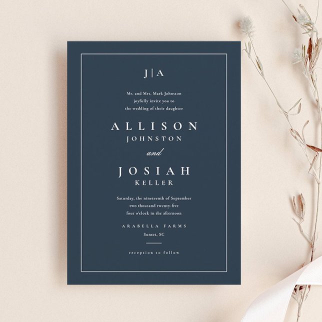 Classic monogram wedding invitation (Elegant navy blue wedding invitation with classic monogram and typography, and simple frame.)